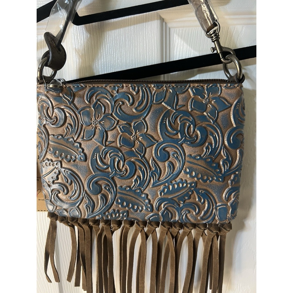 Justin Convertible Bag Wristlet Brown Blue Embossed Leather Fringe Western‎ New
